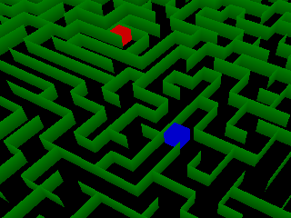 A blue block hunting a red block in a green maze